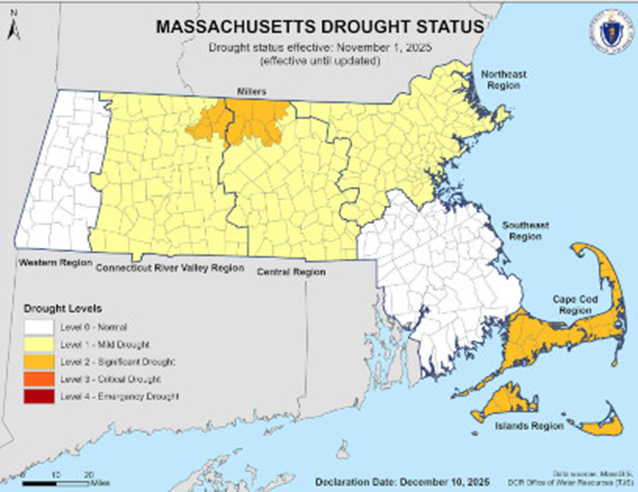 Massachusetts drought status map from December 10, 2025
