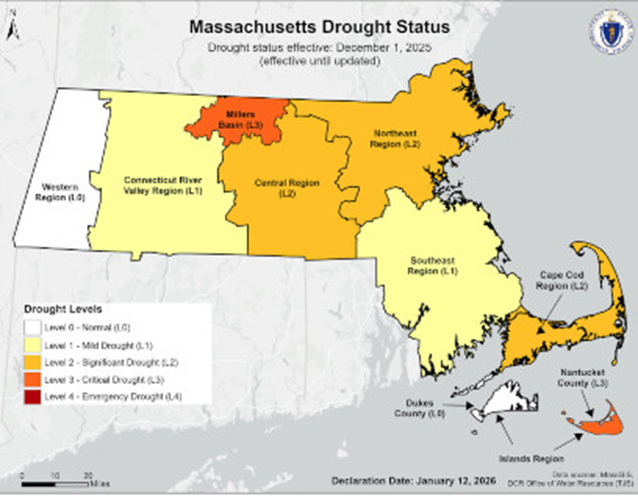 Massachusetts drought status map from January 12, 2026