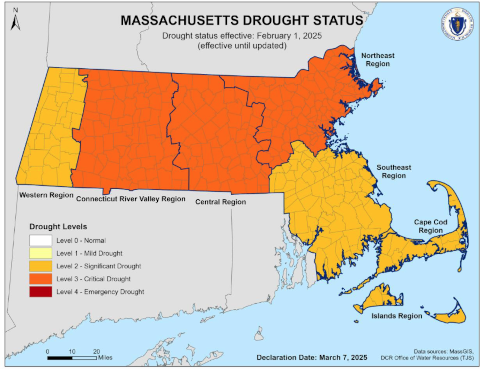 Massachusetts drought status map from March 7, 2025