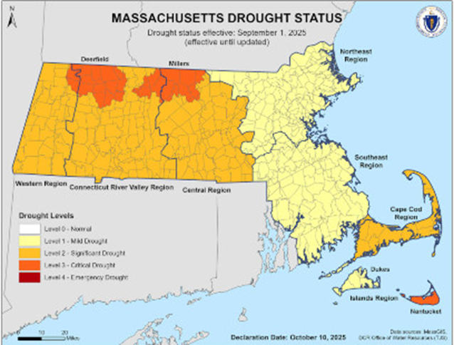 Massachusetts drought status map from October 10, 2025