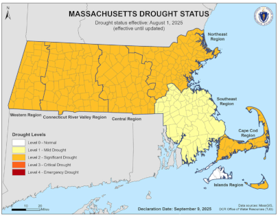 Massachusetts drought status map from September 9, 2025