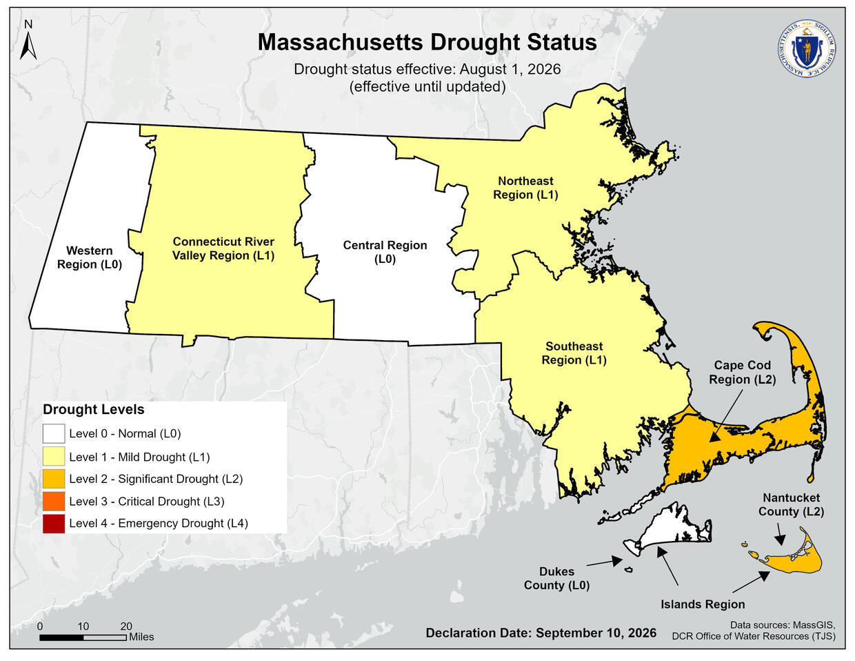 Water Drought Status Map of Massachusetts as of September 2026