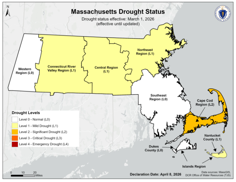 Massachusetts drought status map from April 8, 2026