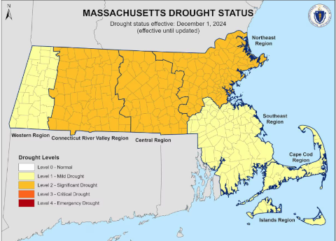 Massachusetts drought status map from January 1, 2024