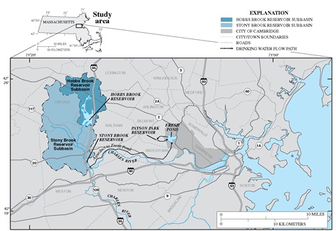 Cambridge drinking water supply system map showing watershed boundaries, reservoir locations, and aqueduct location.