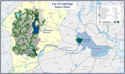 A map of the Cambridge source water supply system. Includes the watershed outline, reservoirs and tributaries, Cambridge-owned properties, and the aqueduct carrying water from Stony Brook Reservoir to Fresh Pond Reservoir.