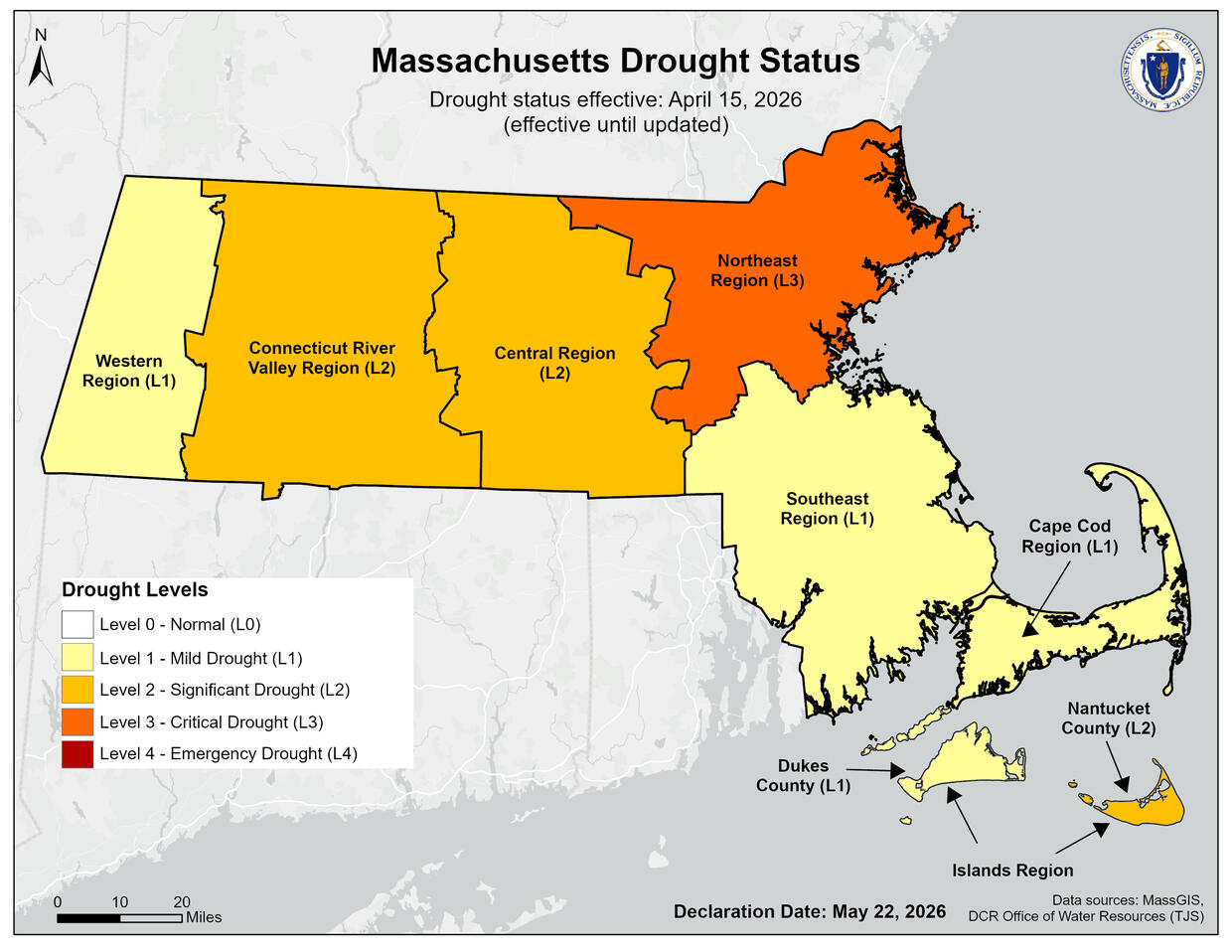 Drought levels shown in the map of Massachusetts by region