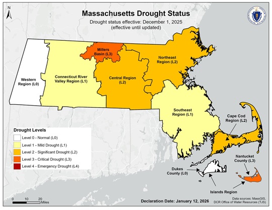 Map of Massachusetts and Water Drought Status for January 2026