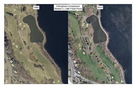 Orthophoto comparison of Stream C before and after the Drainage Improvements Project.