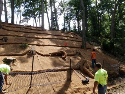 Coir logs are placed above stabilization fabric on Glacken Slope.