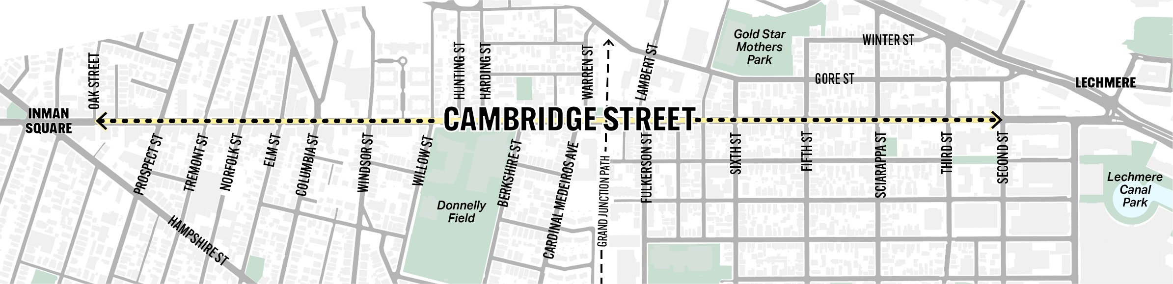 The Cambridge Street project begins an Oak Street and ends at Second Street.