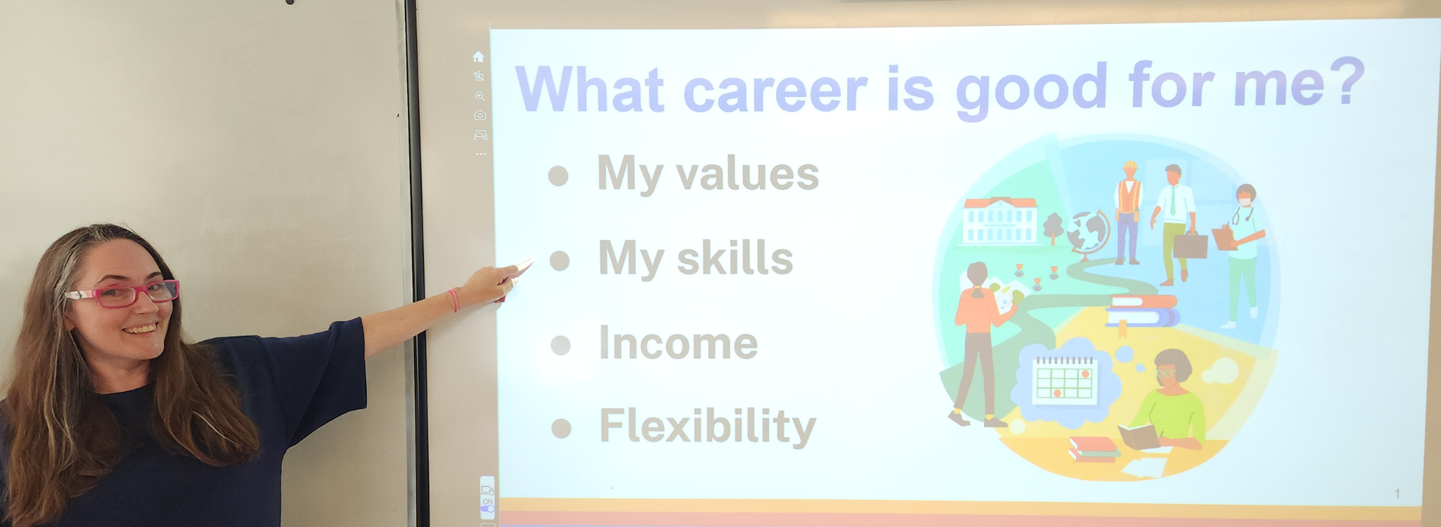 woman pointing at screen with career options