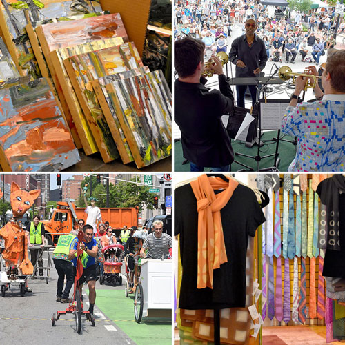 Pictured clockwise from top left: Paintings by Roz Sommer at 2019 Open Studios; Kevin Harris Project at 2019 River Festival; Amy Meltzer fashions at 2019 Open Studios; and Sculpture Racing at 2019 River Festival.