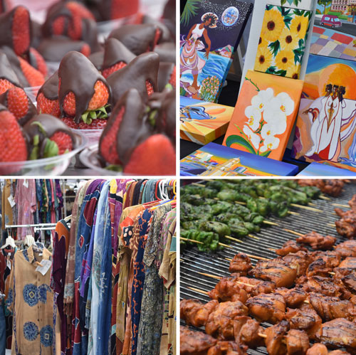 Cambridge Arts River Festival vendors, including chocolate-covered strawberries, paintings, grilled meats, and clothing.