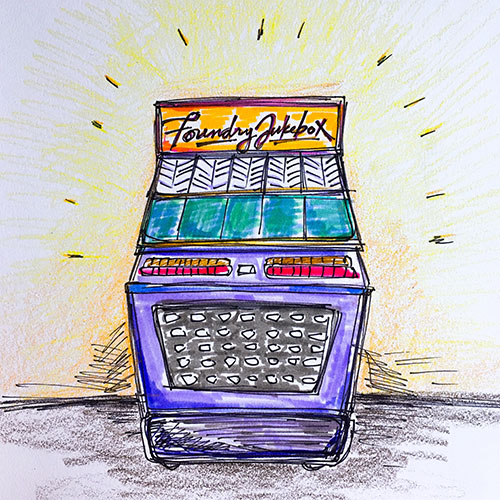 Elisa Hamilton's sketch of a jukebox stocked with recordings of community stories that she plans to create for Cambridge's Foundry.