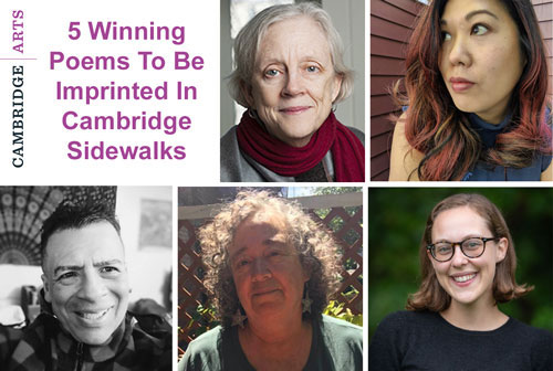 Five winning poems were selected to be imprinted in sidewalks across Cambridge as part of the city’s annual Sidewalk Poetry Contest. The winners, announced in May, who will each receive a $250 prize, are (pictured clockwise from top center) Mary Baine Campbell, Christine Del Castillo, Missy Hartvigsen, Jan Shafer, and Allen Perez-Somarribas.