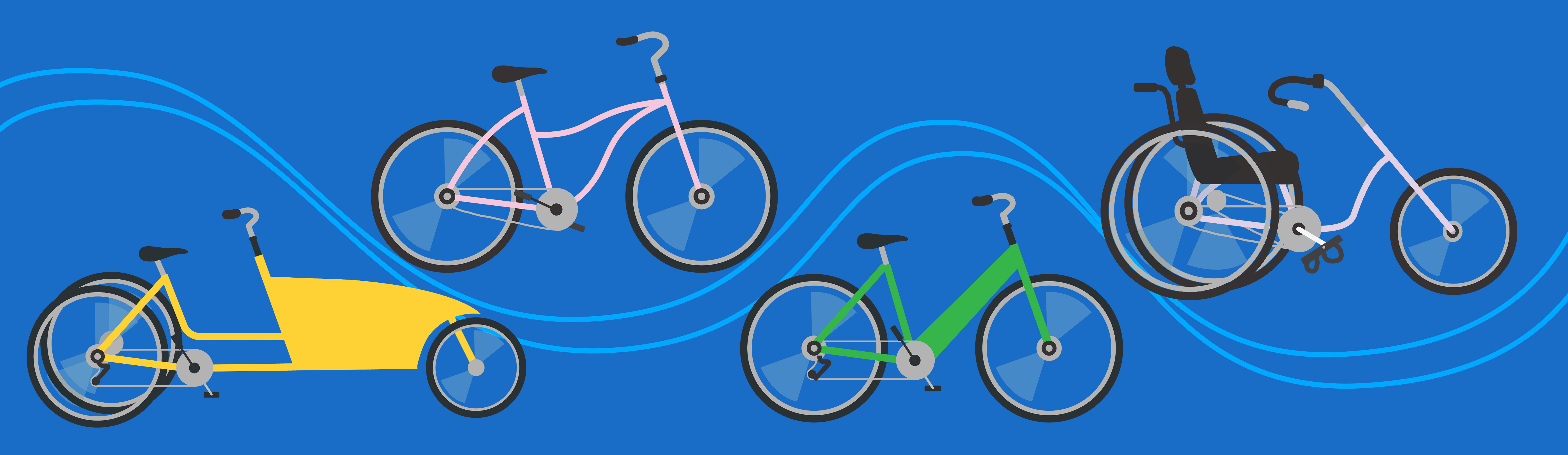 Illustration showing traditional pedal bicycle, adaptive bicycle, e-bike, and e-cargo bike