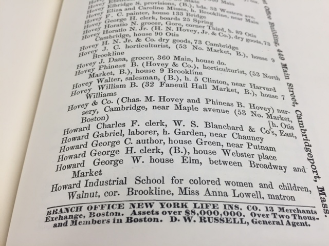 Cambridge Directory 1868 listing for the Howard Industrial School