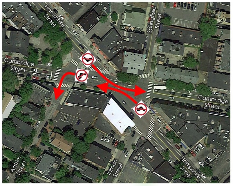 Map of Inman Square Left turn restrictions