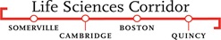 Life Sciences Corridor Logo. The Logo says Life Sciences Corridor - Somerville, Cambridge, Boston, Quincy
