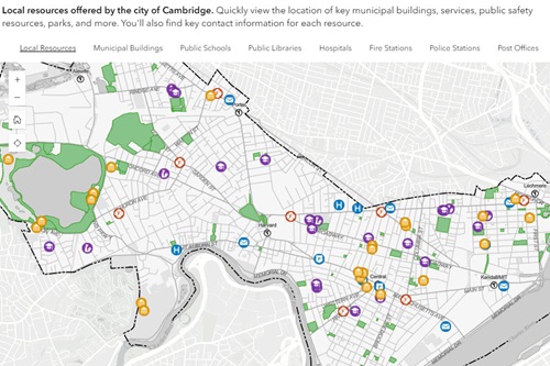 Map of Cambridge with numerous points for various local resources around the city.
