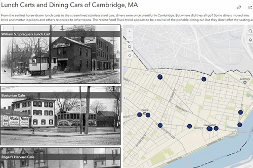 Screenshot of the Lunch Carts and Dining Cars interactive map showing blue points for locations and black and white historic photos