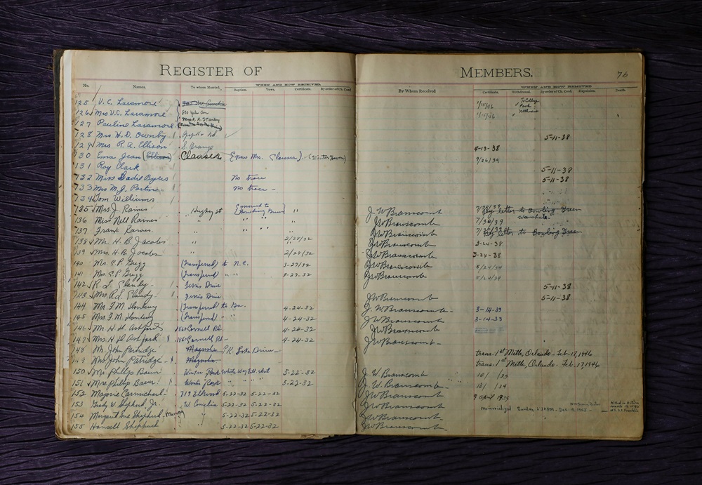 An open register book displaying a list of members with names and details written in cursive handwriting, set on a purple textured background.