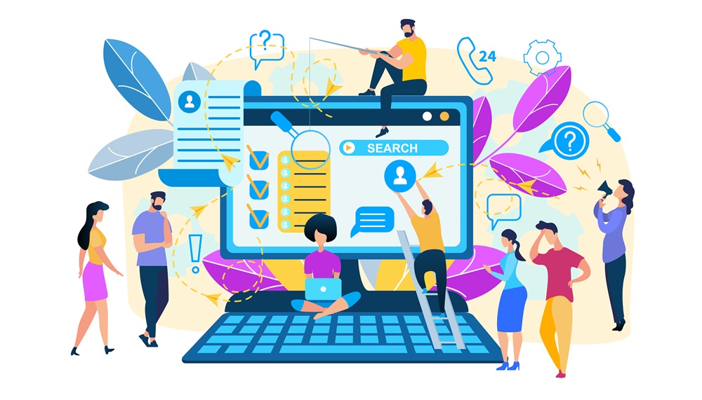 Illustration of tiny people sitting and standing around an oversized computer showing a search page