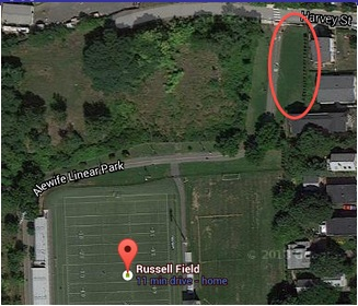 Aerial view of Russell Field with location of community garden circled