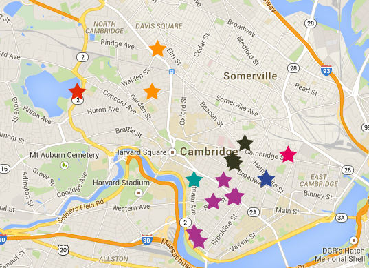 Map showing mural locations in Cambridge