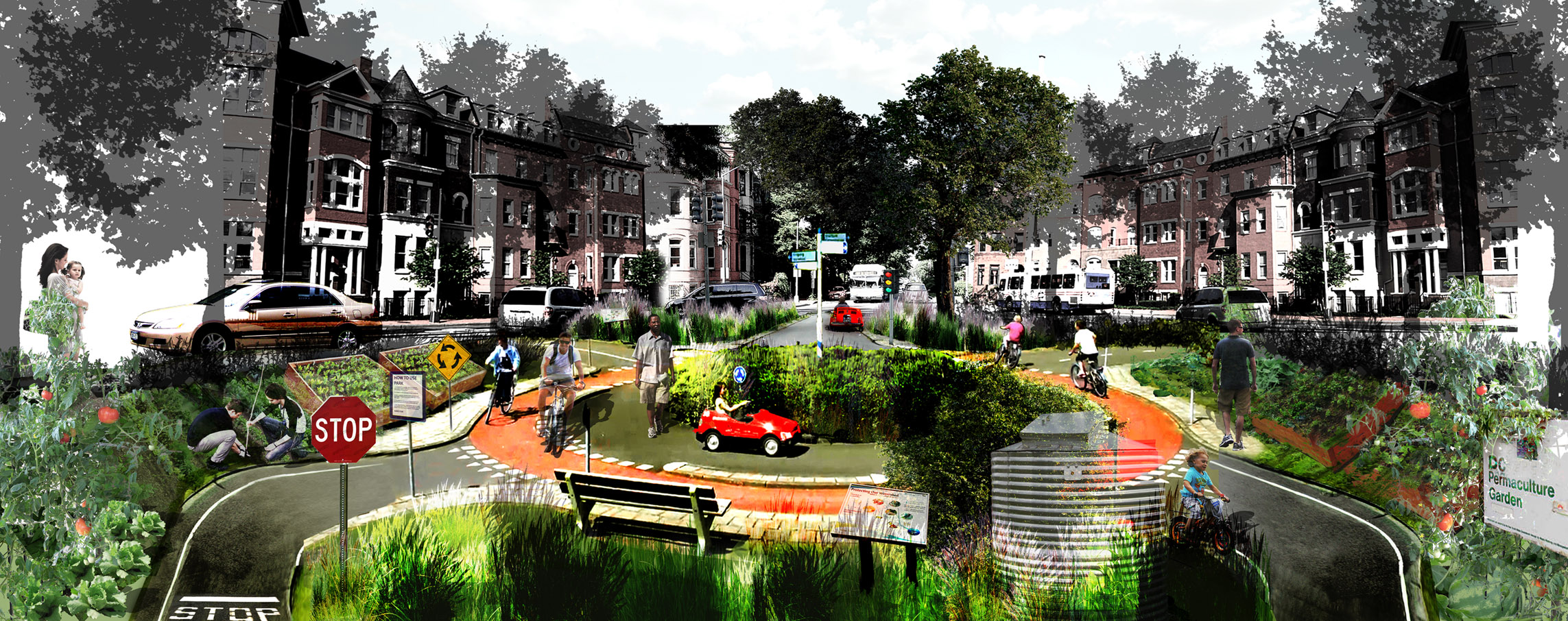 Large rotary in a traffic garden with children playing in toy cars