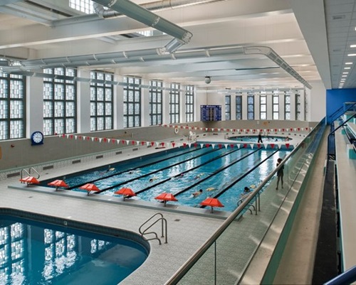 The diving well, lap pool, and kiddie pool at the War Memorial Recreation Center.