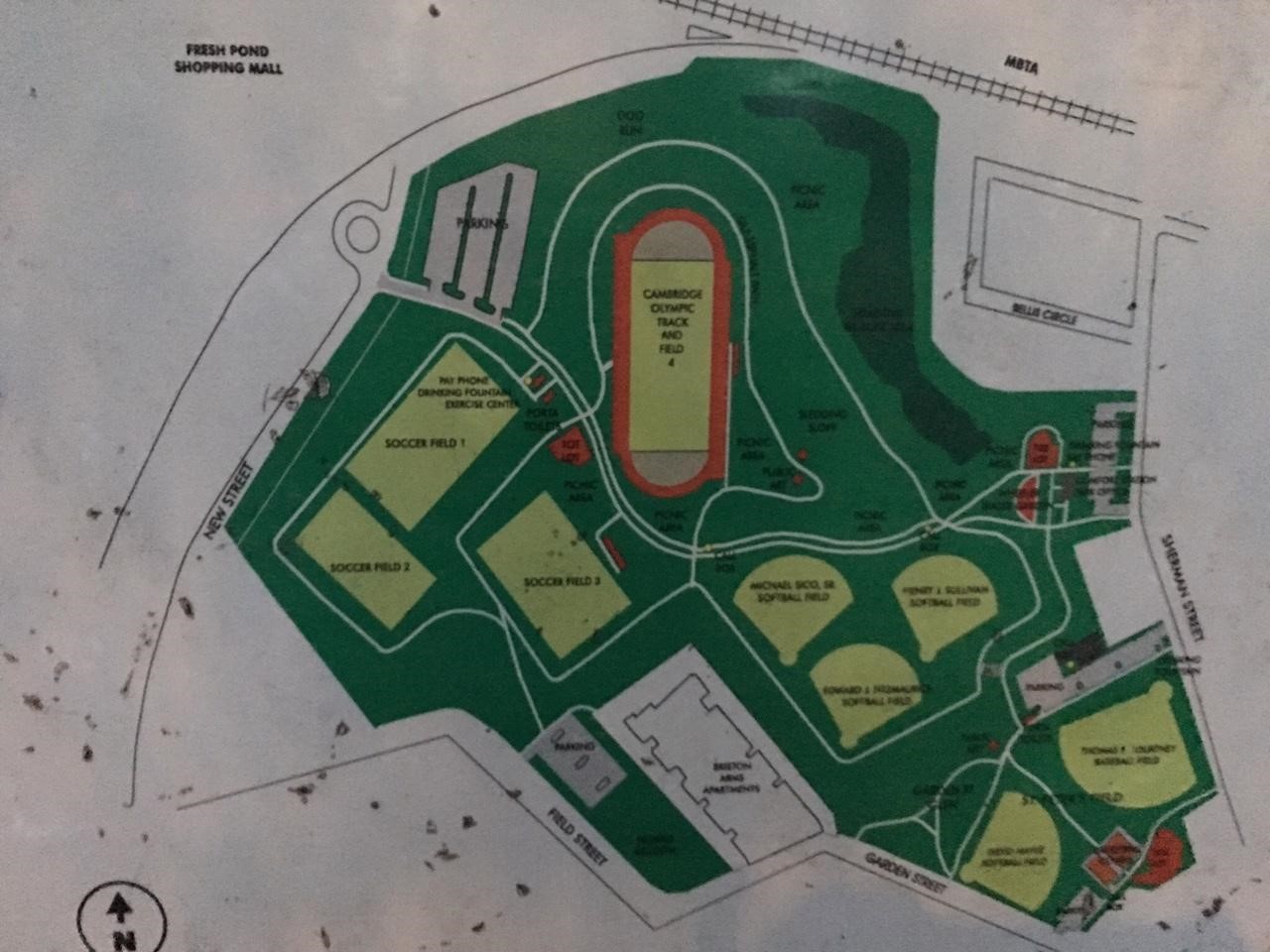Map of Danehy Park showing location of athletic fields, track and buildings