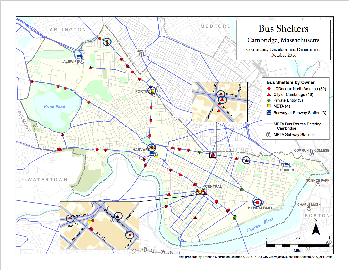 Cambridge map showing location of bus shelters and their respective owners