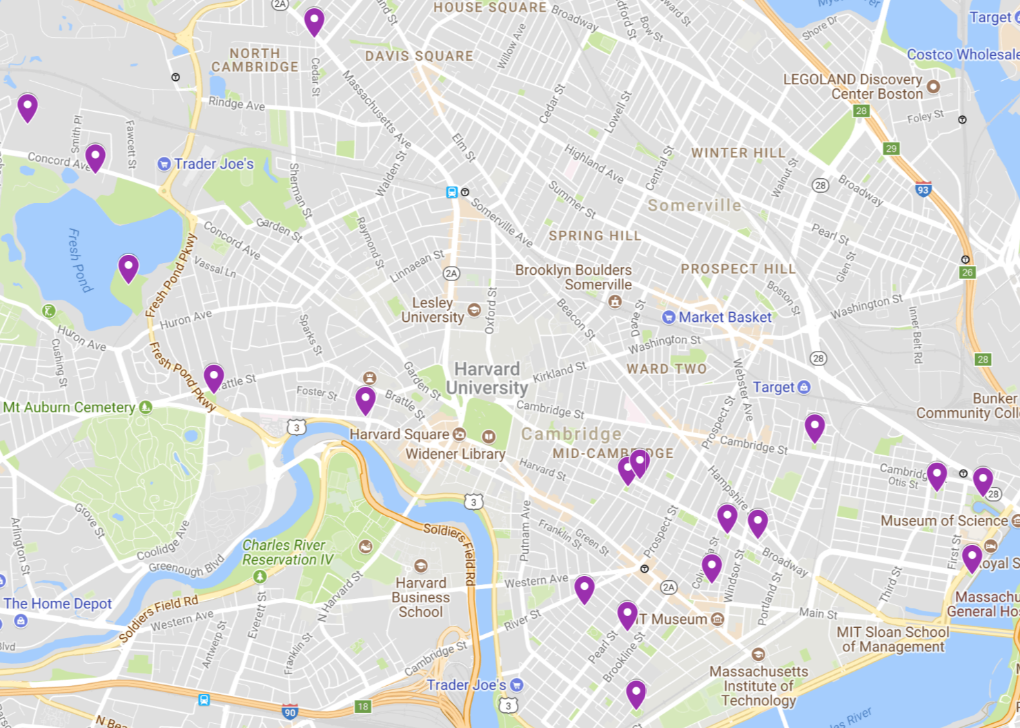 Cambridge map showing parks in need of drinking water fountains