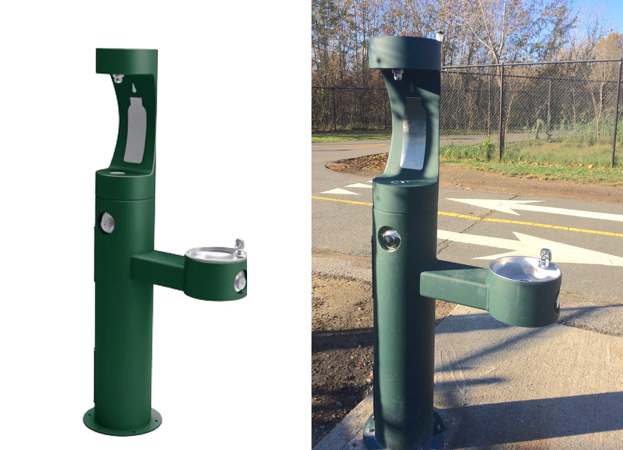 Picture of a water fountain and the same fountain installed in a park