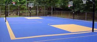 An outdoor basketball court with four hoops, blue paint, and yellow lines