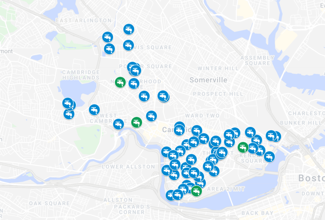 A map of water fountains within Cambridge; blue marks indicate existing water fountains, green marks indicate proposed water fountains