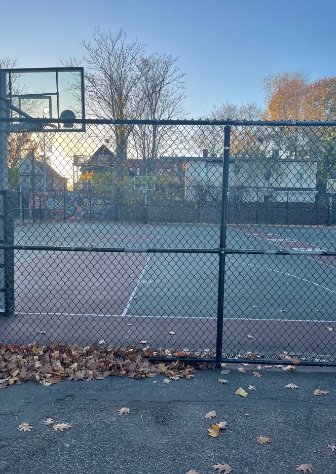 A basketball court, pictured from outside the fence behind one of the hoops.