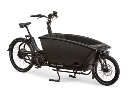 An electric bike with a large storage compartment between the handlebars and the front wheel.