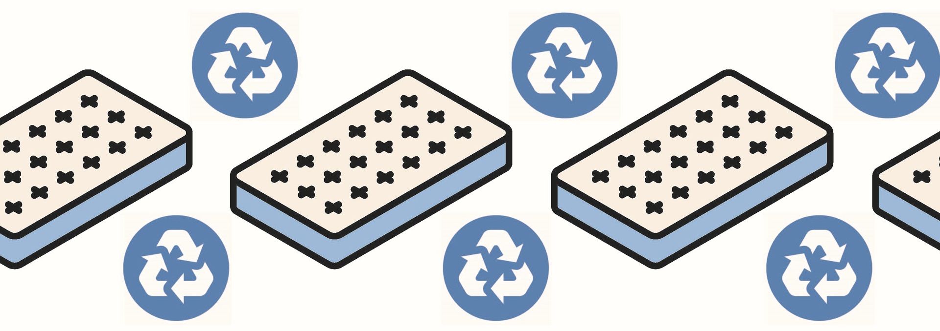 Cartoon images of mattresses and recycling symbols